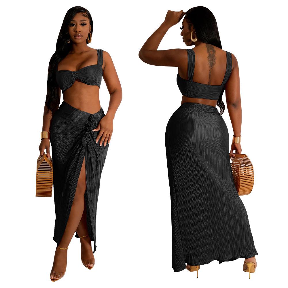 2023 European & American Pleated Backless Camisole and Ruched Skirt Set