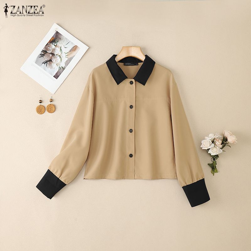 ZANZEA Bluză lejeră cu mânecă lungă, cu guler răsturnat pentru femei