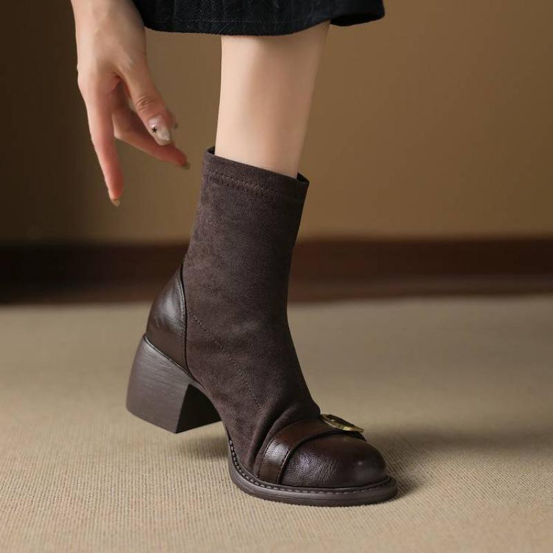 New elastic suede rear zipper Martin boots comfortable rear zipper solid color large size women's boots autumn and winter medium boots women's