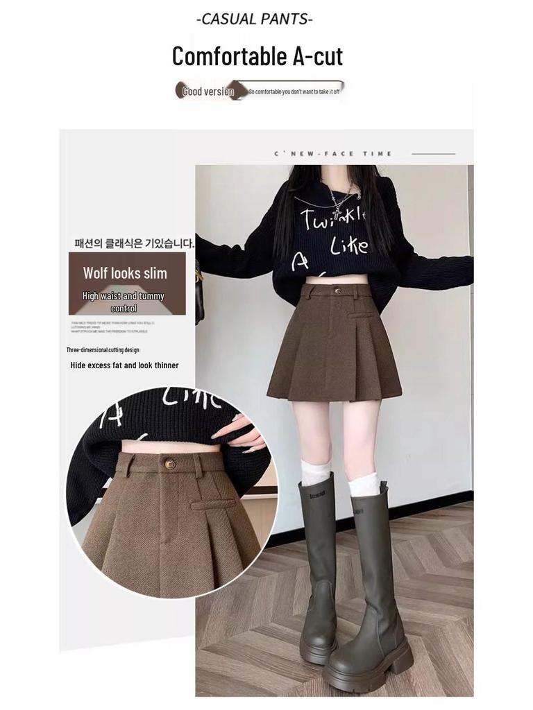 2025 Autumn/Winter Grey Wool Blend High-Waisted Slimming Pleated Skirt