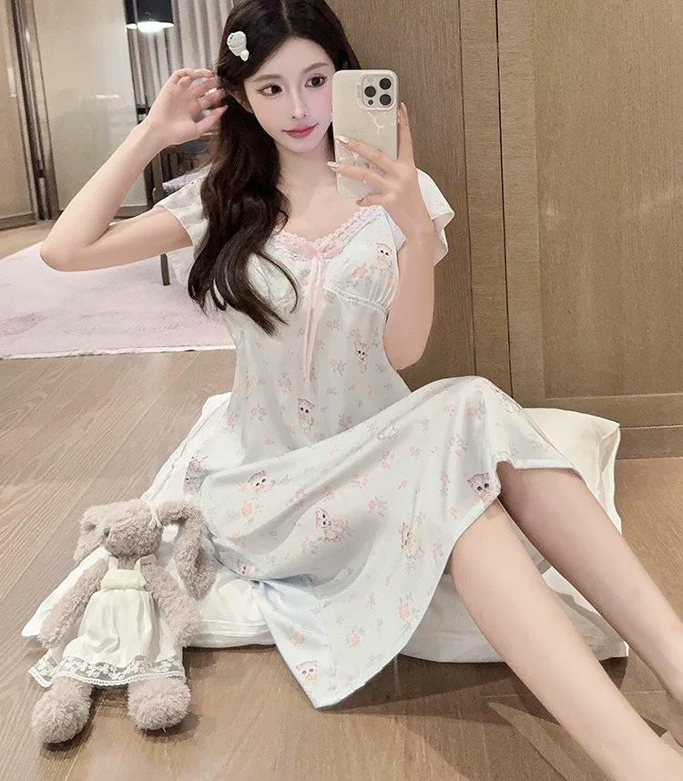 Pajamas Thin Japanese Court Lace Sweet Pajamas Spring and Summer Ice Silk Short Sleeves Women's Long Pajamas with Chest Pads