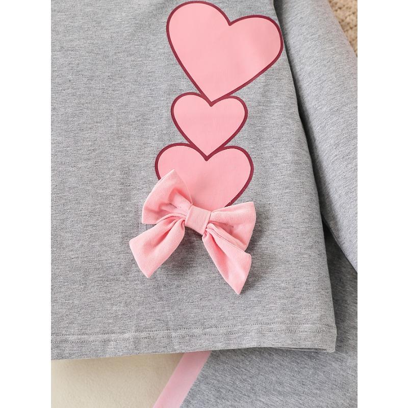 2pcs Girls' Cotton Blend Outfit: Heart Print Long Sleeve Top with 3D Bows & Contrast Color Pants, Regular Fit Machine-Washable Spring