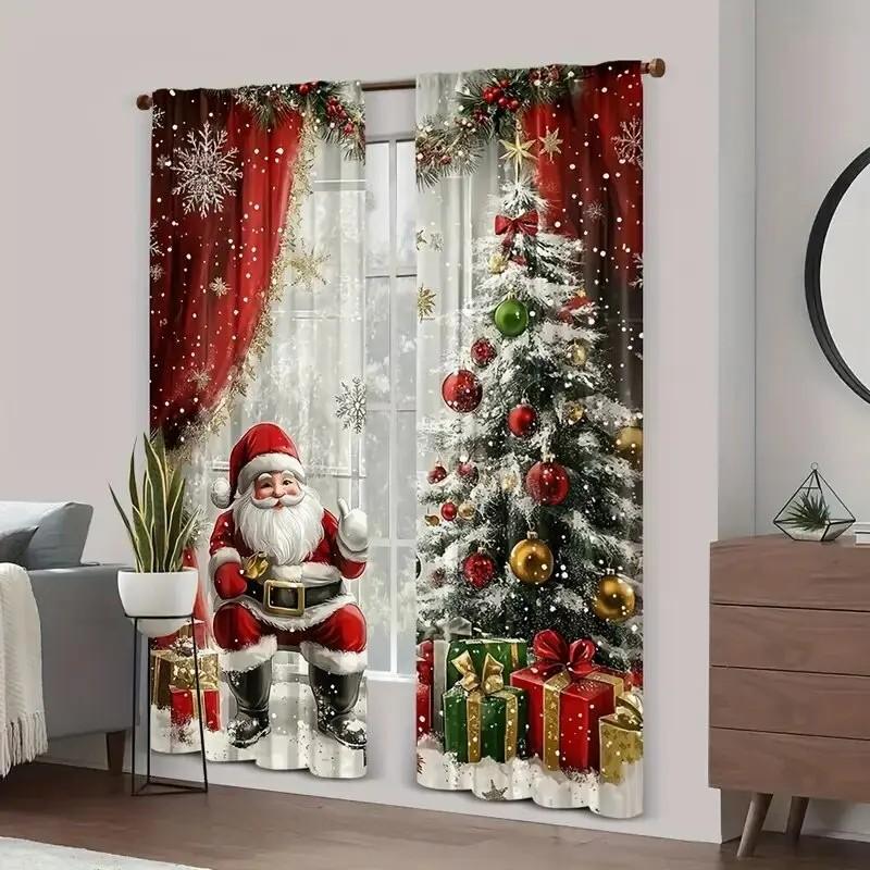 2pcs Festive Santa Claus Printed Curtains   Privacy Semi Sheer Fabric   Christmas Window Decoration   Rod Pocket   Home Decor