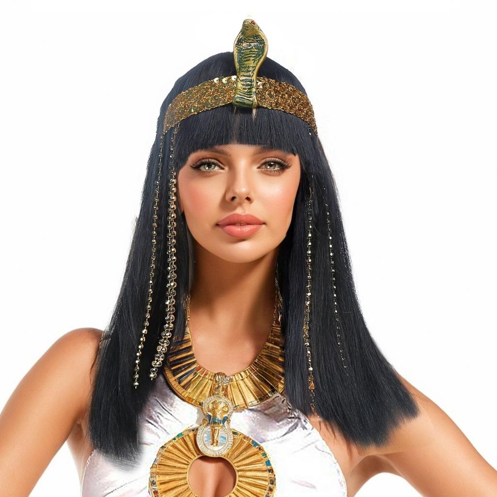 Stylish Queens of Egypt Black Straight Synthetic Wig for Women Snake Headband Included Halloween Party Cosplay Costume Accessory