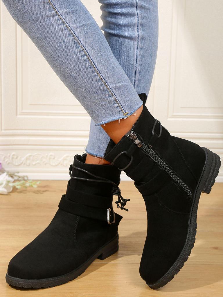 Women's 2023 Retro Suede Motorcycle Boots - Round Toe, Low Heel, Plus Size, Side Zipper for Autumn & Winter