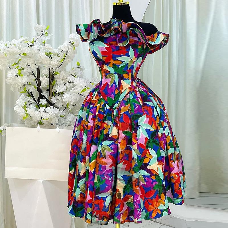 European and American women's clothing summer new temperament slanted shoulder ruffle edge high waist A word medium and long dress