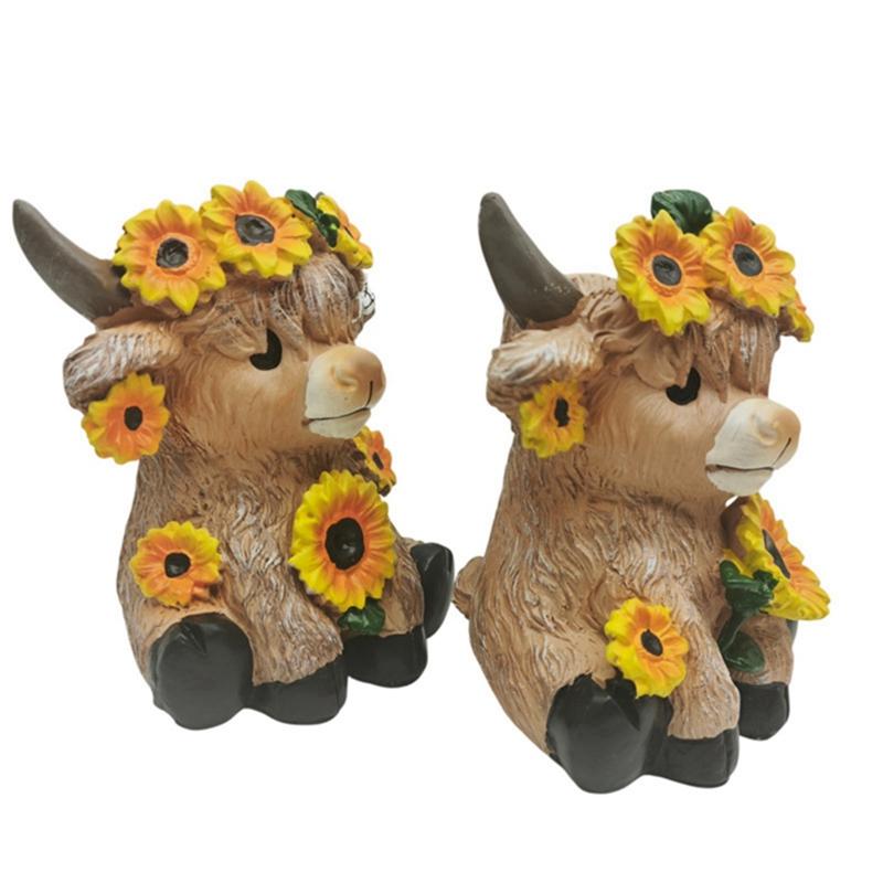 2pcs Sunflower Highland Cow Resin Flower Pot Ornament