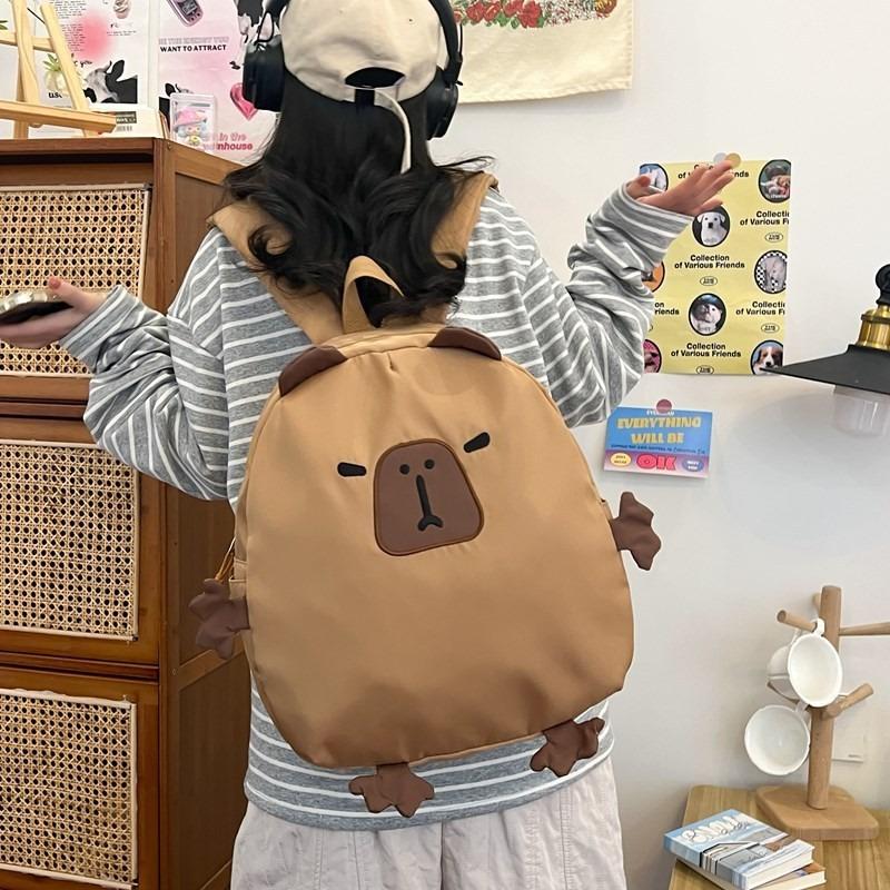 New Cute Canvas Backpack Cute Schoolbag Cartoon Retro Brown Backpack