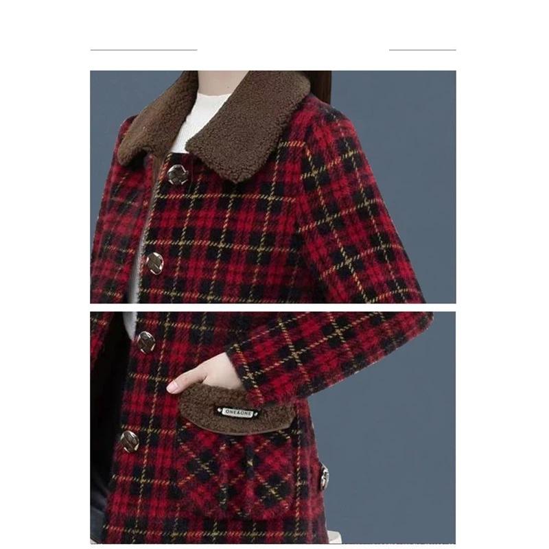Women's Winter Plaid Woolen Coat With Fleece Lining Casual Lapel Button Jacket