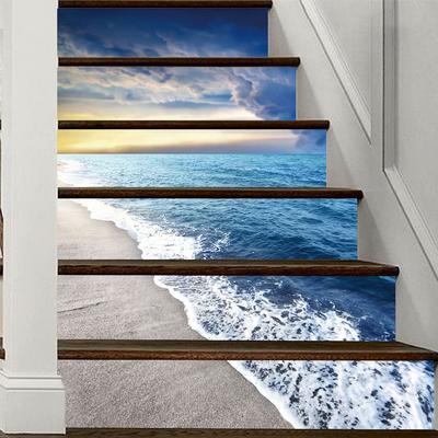 6 Streifen blauer Himmel und Meer Treppenaufkleber, Vinyl, selbstklebend, renovierte Treppenaufkleber, 39,37 x 7,08 Zoll, für 6 Stufen