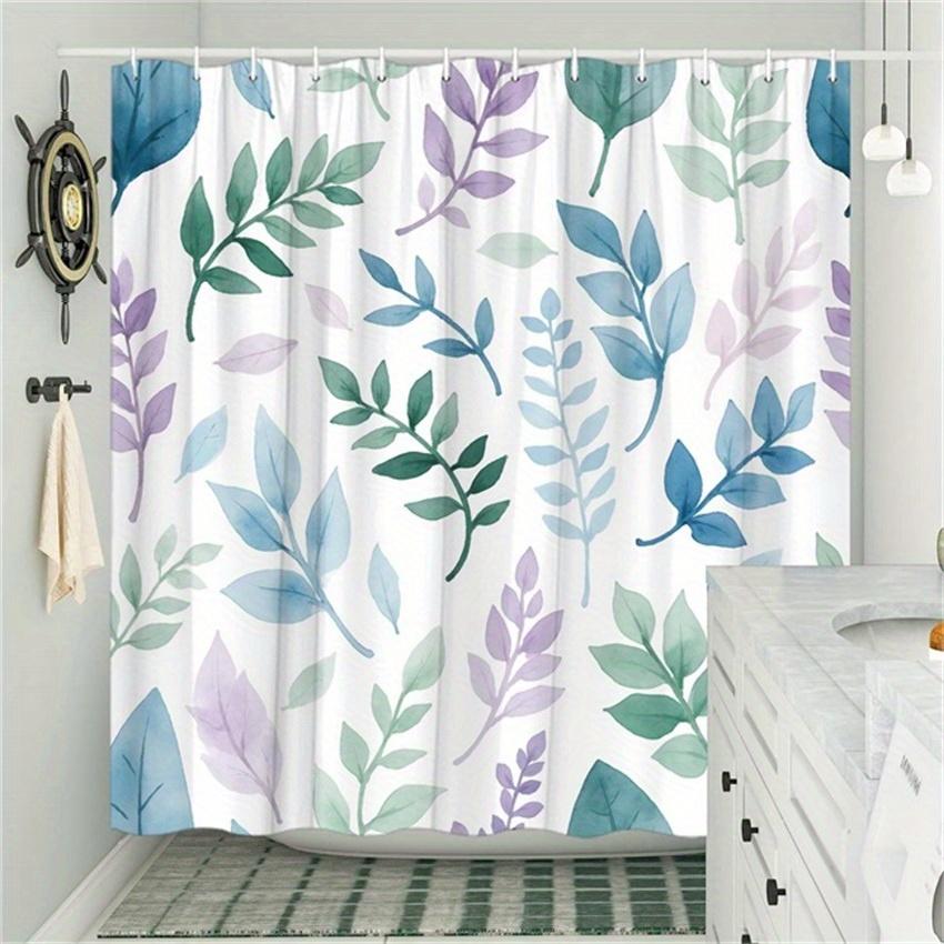 1pc Leaf Pattern Curtain, Blue-Green-Purple Leaves on White, Serene Theme Polyester, Machine Washable, Durable Bath Decor