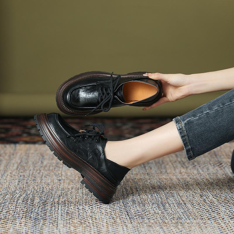 Platform small leather shoes women's British style 2025 spring and summer new single shoes round head thick heel sweet cool girls lace-up loafers
