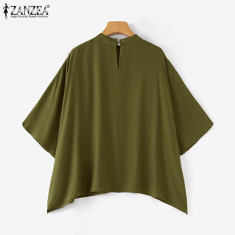 ZANZEA Women Casual Stand Collar Bat 3/4 Sleeve Loose Solid Color Blouses