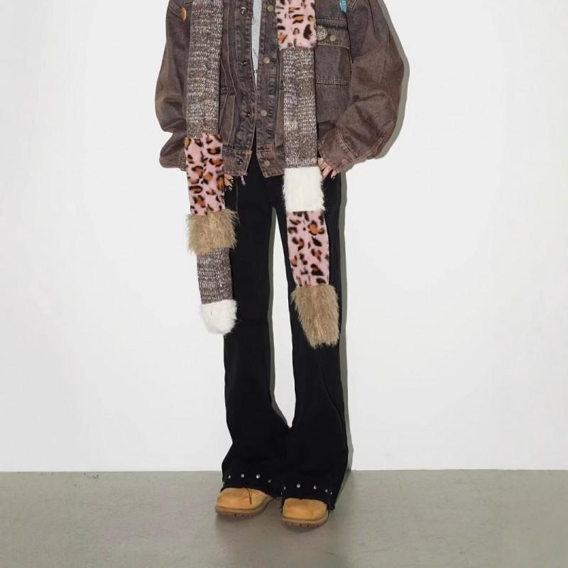 Jeans Denim da Uomo a Vita Alta Gamba Dritta che si Allarga con Borchie Metalliche Orlo Usurato Streetwear