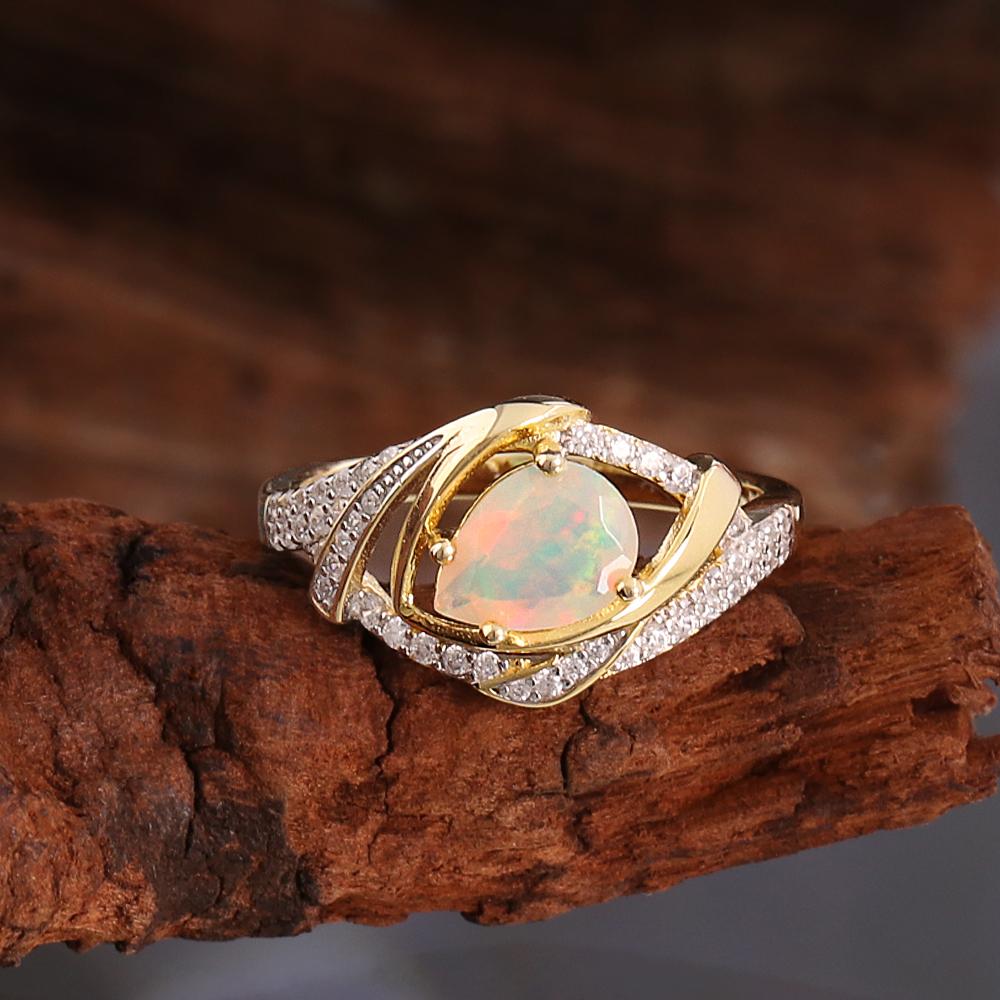 Light luxury 925 sterling silver women's jewelry set natural opal pear 6*8mm gemstones earrings ring for Birthday Banquet wear