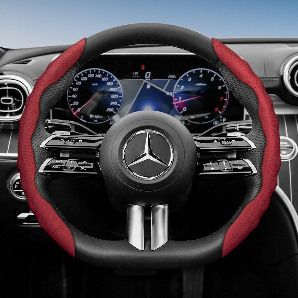 Steering Wheel Cover for Mercedes-Benz, Wave-Shaped Sporty Design, Breathable Leather, Segmented, Non-Slip, Sweat-Absorbing Protective Case