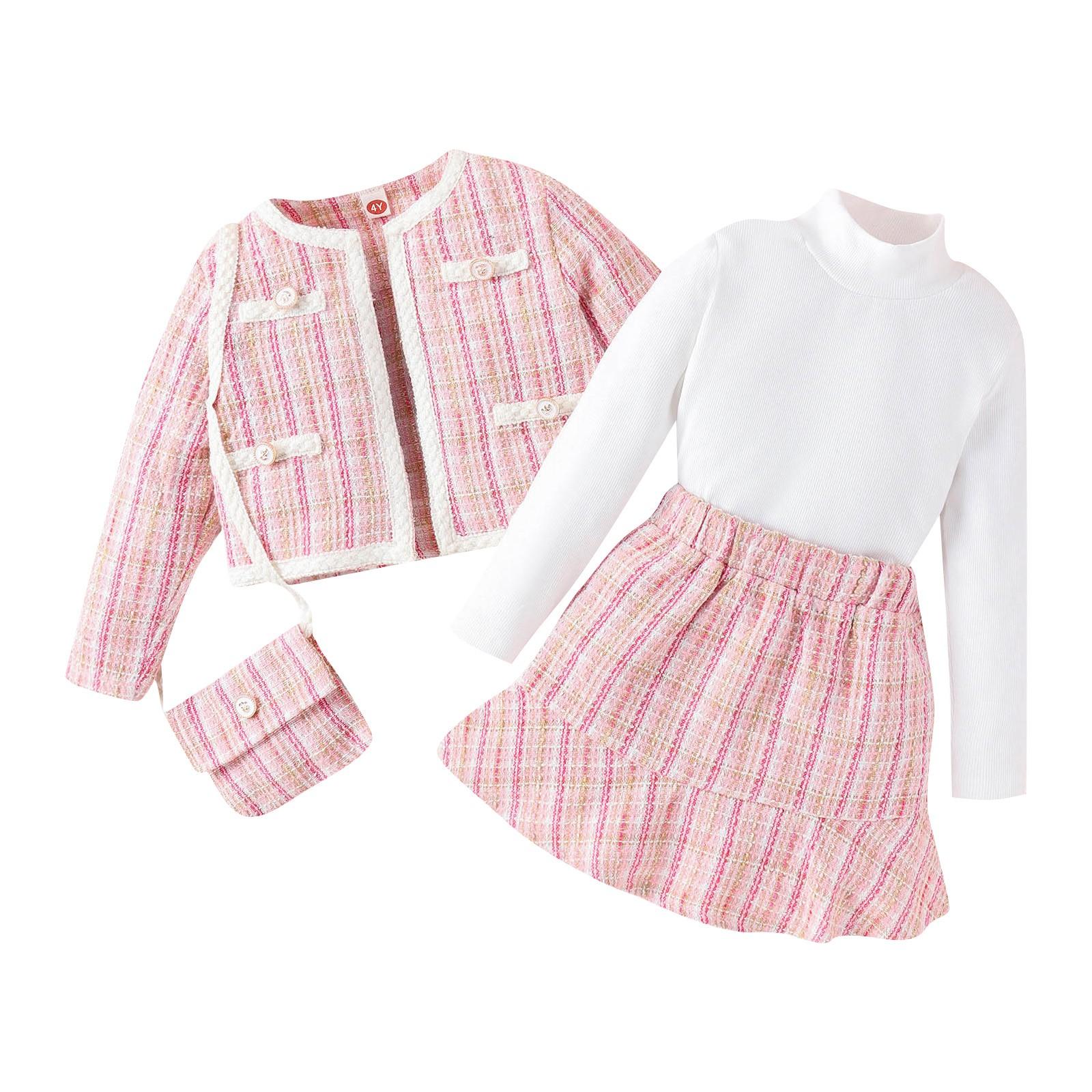 

Осенне-зимняя водолазка с высоким воротником, шерстяная клетчатая юбка для детей и среднего возраста, пальто, сумка, комплект из четырех предметов S розовый