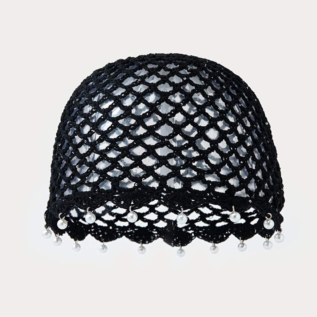 1Pc Sequined Pearl Hat, Handmade Knitted Hollow Thin Breathable Versatile Beanie Hat