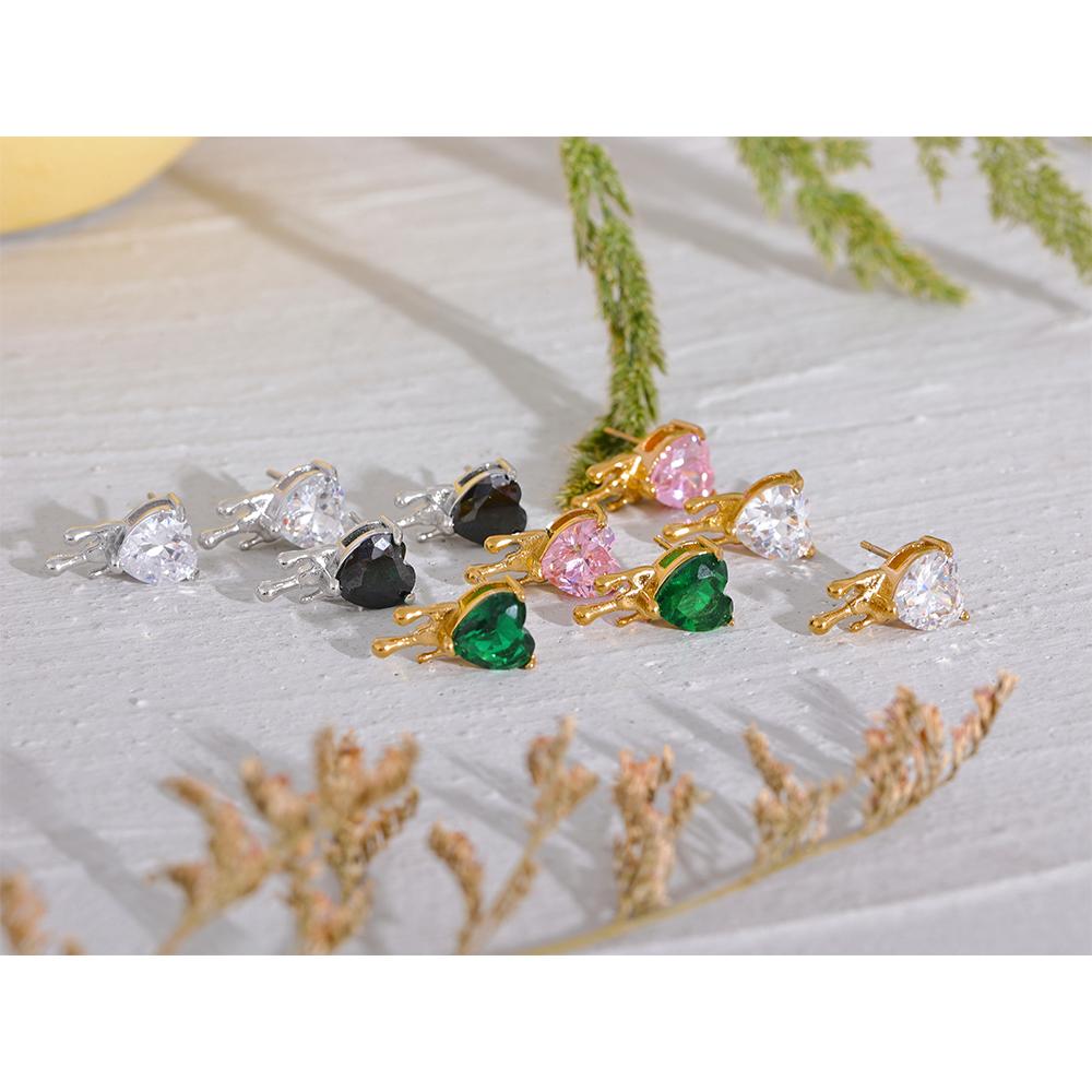 Yhpup Delicate Bling Cubic Zirconia Stainless Steel Heart Creative Stud Earrings Fashion Cast Jewelry for Women Basic Gift New