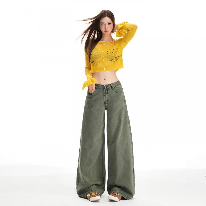 High-Waisted Wide Leg Cropped Loose Fit Denim Pants Women 2026 Washed Cotton Blend