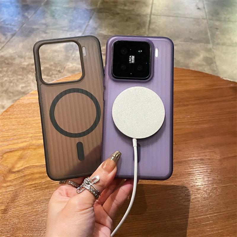 Shockproof Corrugated Matte Case Bumper For Xiaomi Mi 15 Pro 13 14 Pro Magnetic For Magsafe Translucent Wireless Charge PC Cover