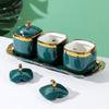 Ceramic Condiment Jars with Gold Rim, Nordic Style - Seasoning Bottle Set for Kitchen, Salt & MSG Shakers