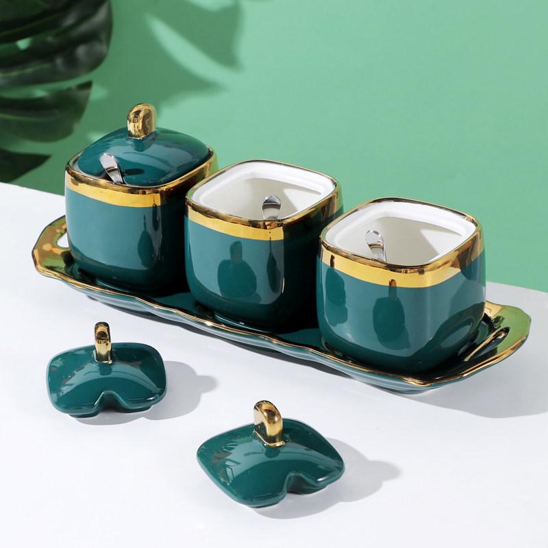 Ceramic Condiment Jars with Gold Rim, Nordic Style - Seasoning Bottle Set for Kitchen, Salt & MSG Shakers