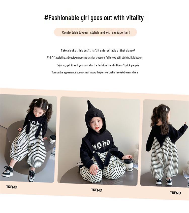 Autumn 2025 Striped Overalls & Sweatshirt Set for Girls – Fashionable Two-Piece Outfit for Spring and Autumn