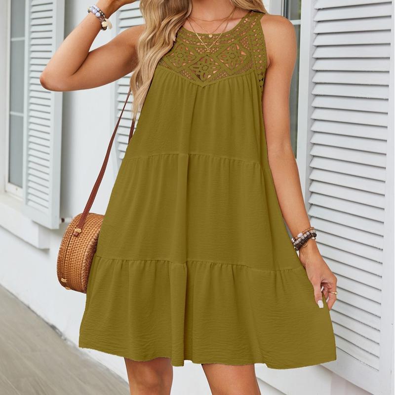 VEZFAA Damenmode Sommer Frühling Einfarbig Druck Ärmellos Hängender Hals Lose Taille Freizeitkleider