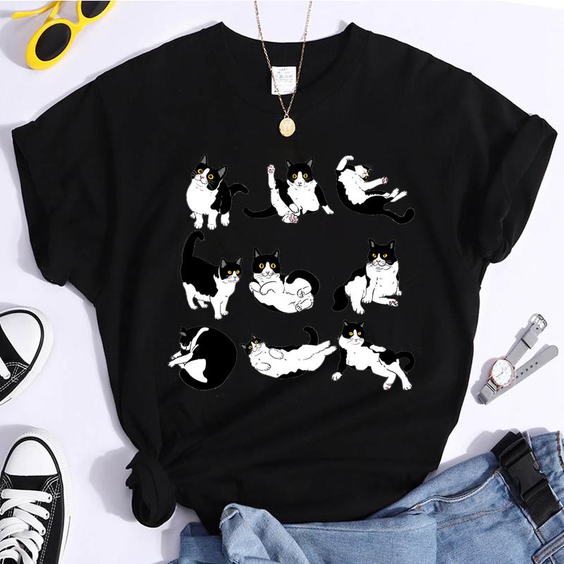 Black Cat T-Shirts Unisex Casual Loose Clothing Oversized Summer Tops Short Sleeve Clothes Black Cat Cartoon Unisex Street Tshirts