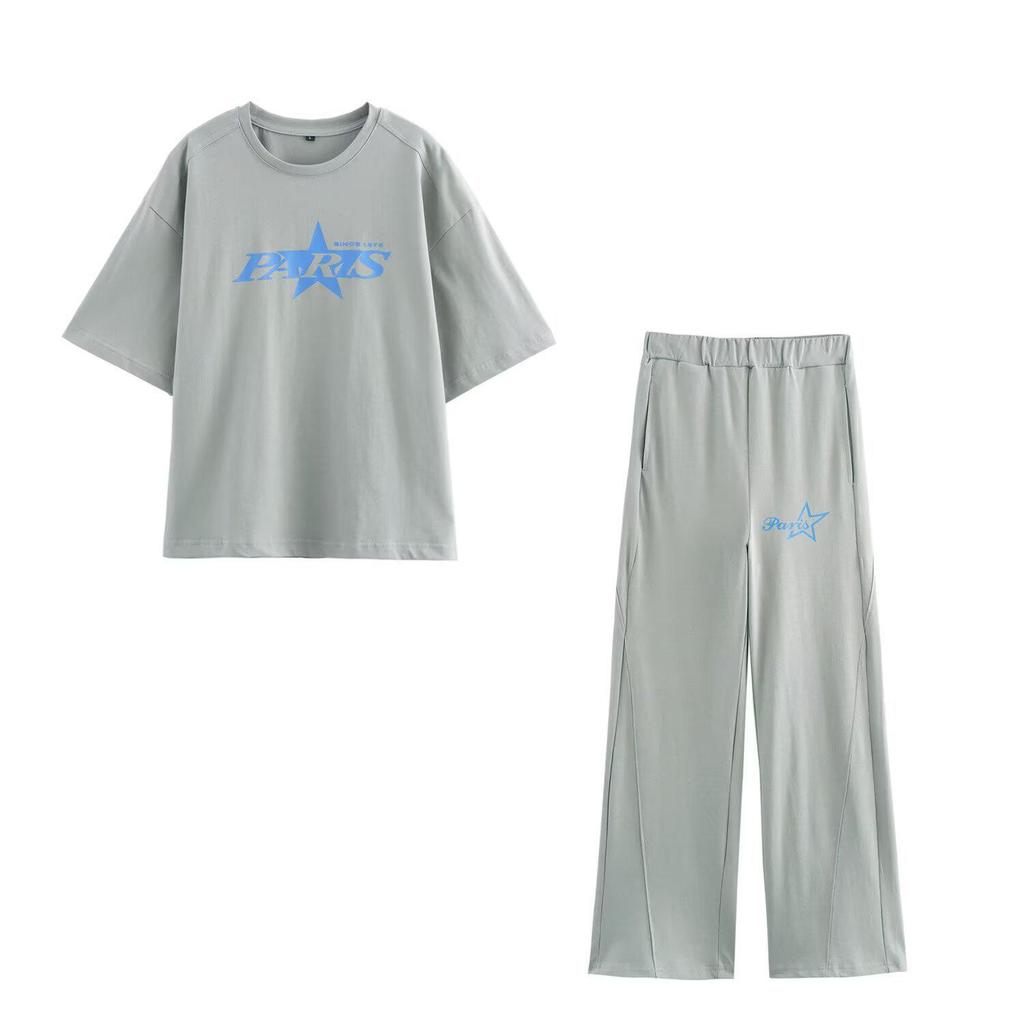 Spring 2025 Women's European & American Style Printed Washed T-shirt and Long Pants Set