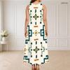 Women Plus Size Sleeveless Round Neck Triple Keyhole Cutout Black White Printed Maxi Dress