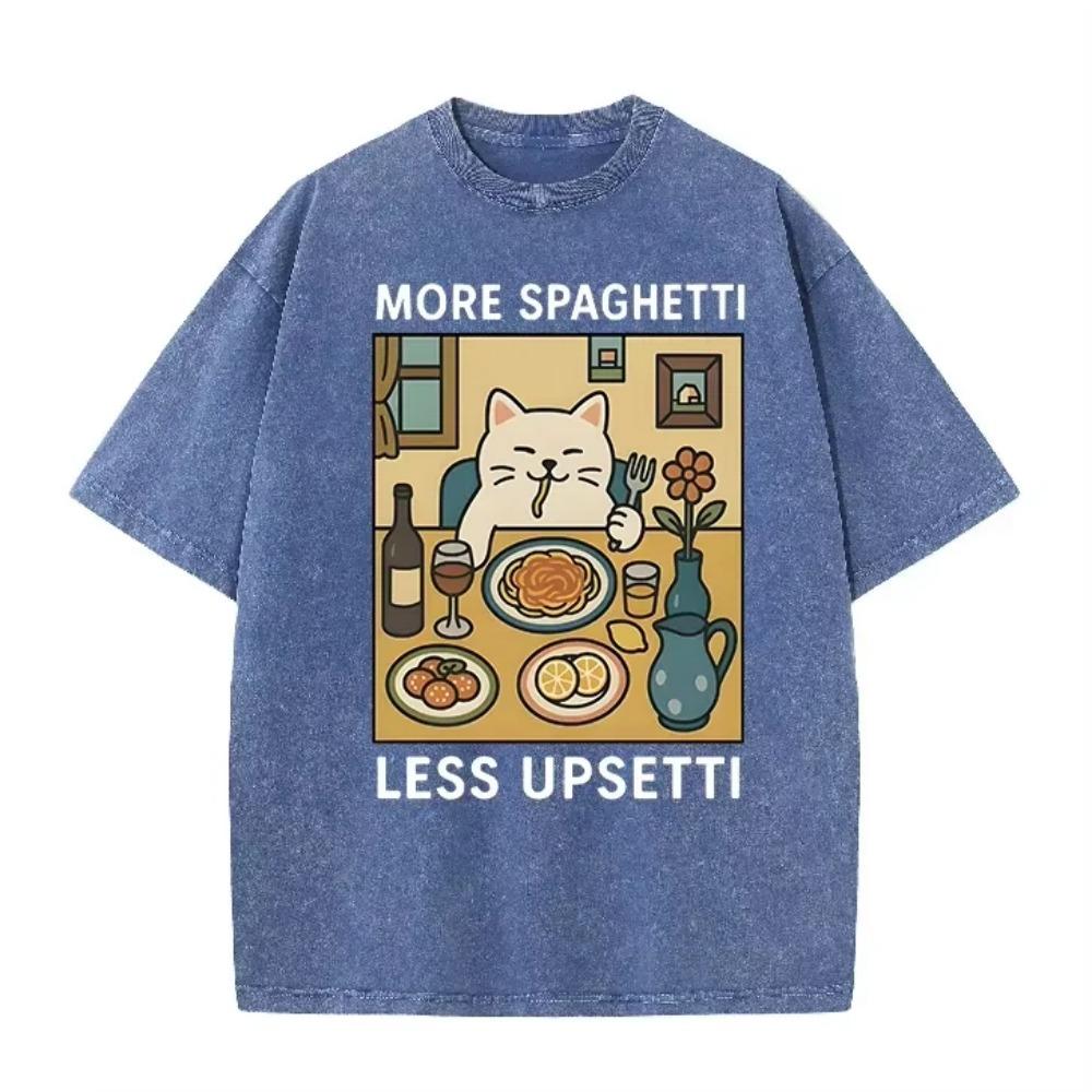 Süße Katze isst Spaghetti Witz Slogan Grafik Vintage Wash Übergroßes Schwarzes T-Shirt Essensliebhaber Täglich Streetwear Top