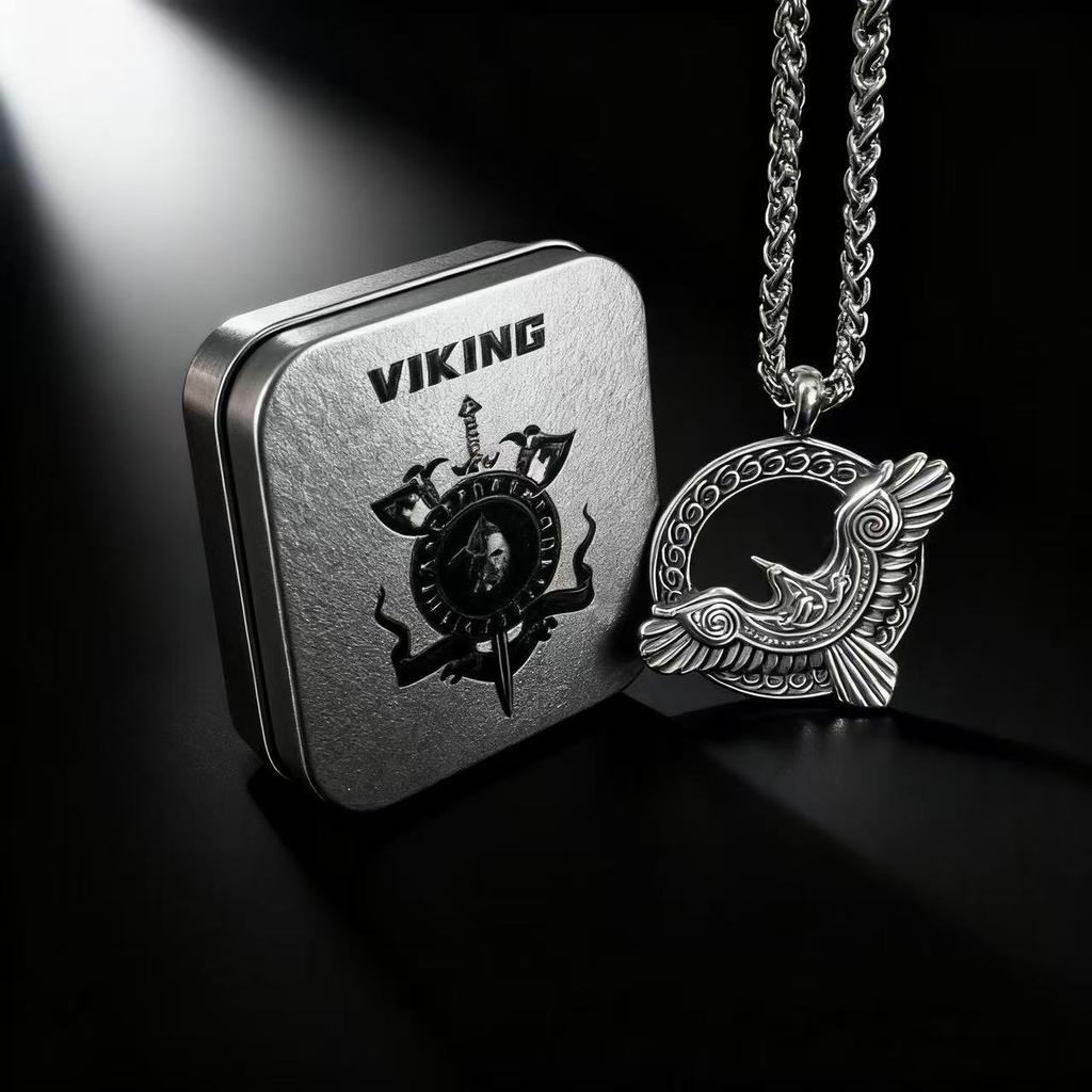HNSP 316L Stainless Steel Celtic Art Crow Pendant Necklace For Men Viking Accessories Gift Box