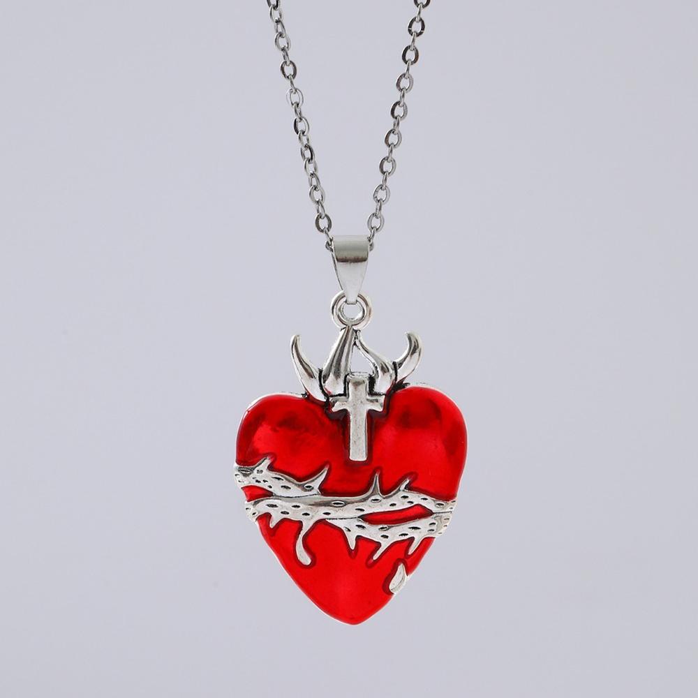 Hip-hop Punk Red Skull Cross Thorny Heart-shaped Pendant Sliver Color Chain Necklace for Women Halloween Party Goth Jewelry Gift