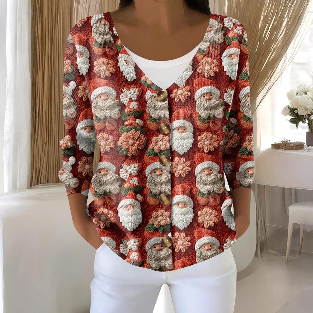 Damemote Langermet Christmas Snowman Snowflake Print Jakke Cardigan