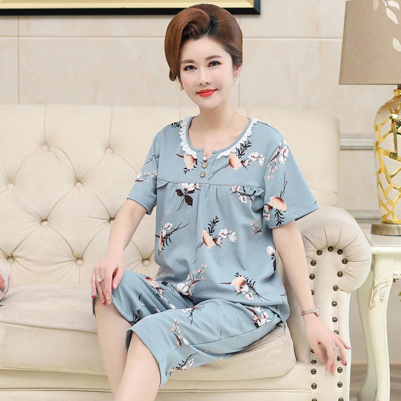 Women's Summer Clothing Sets Middle-aged and Elderly Loose Short-sleeved Blouse + Seven-piece Pants Home Two-piece Set