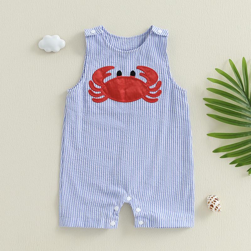 

Baby Summer Clothing Newborn Baby Boy Overalls Striped Sleeveless Crab Embroidery Romper Jumpsuit Outfits 0-3M