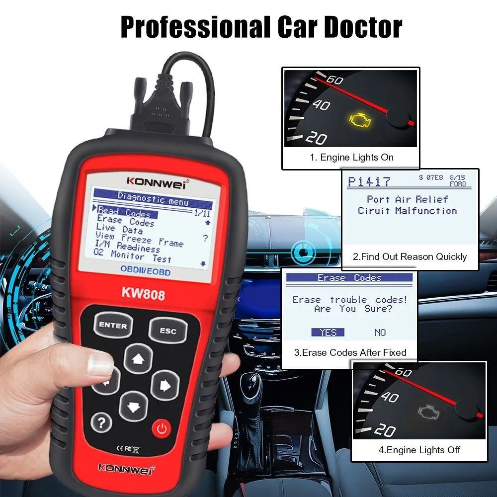 KONNWEI KW808 OBD2 Auto skener OBD2 Automotive Diagnostic Scanner Tool Nástroje na čítanie chybových kódov motora pre autá