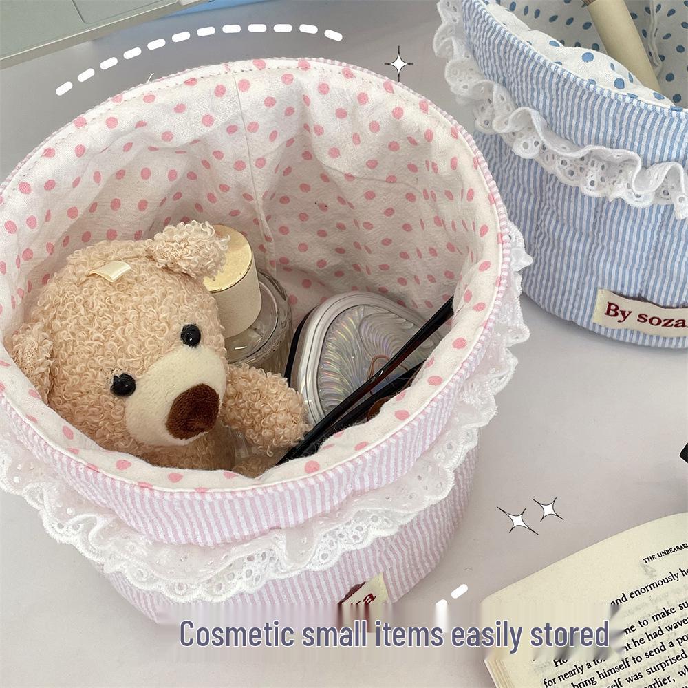 Korean Quilted Fabric Basket for Girls - Round Storage Organizer for Toys and Snacks.