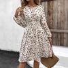 Spring and Summer New French Print All-match Round Neck Long Sleeve Waist Dress