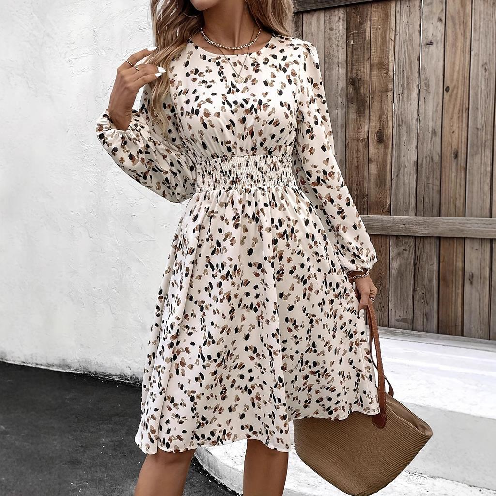 Spring and Summer New French Print All-match Round Neck Long Sleeve Waist Dress
