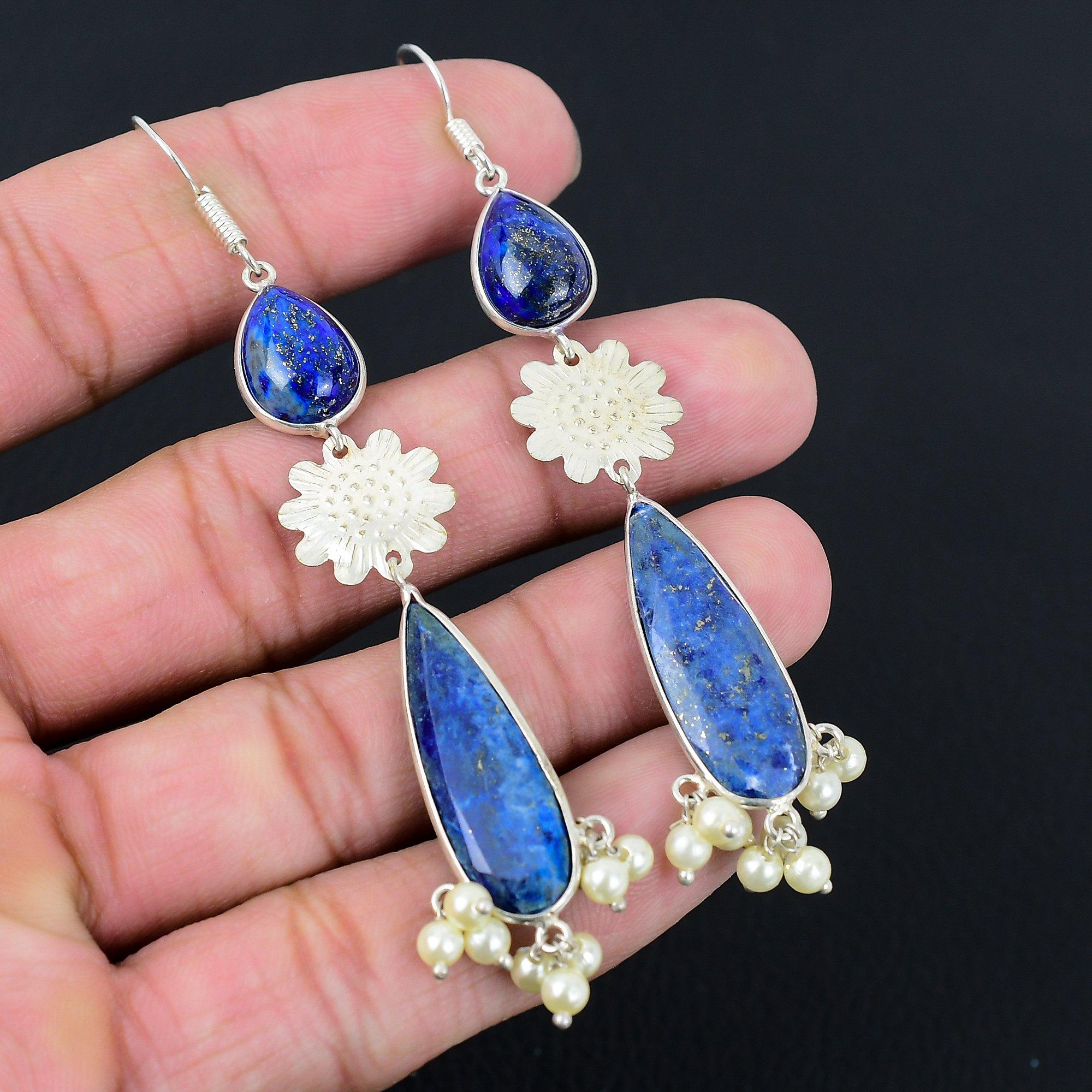 

Natural Lapis Lazuli Gemstone 925 Sterling Silver Drop/Dangle Earrings For Women