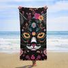 Day of The Dead Kitty Cat Sugar Skull Beach Towel, Cute Oversized Quick Dry Absorbent, Sand Free Lightweight Travel Pool Mat