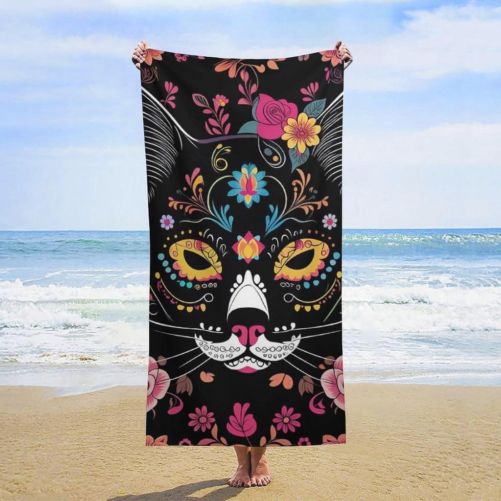 Day of The Dead Kitty Cat Sugar Skull Beach Towel, Cute Oversized Quick Dry Absorbent, Sand Free Lightweight Travel Pool Mat