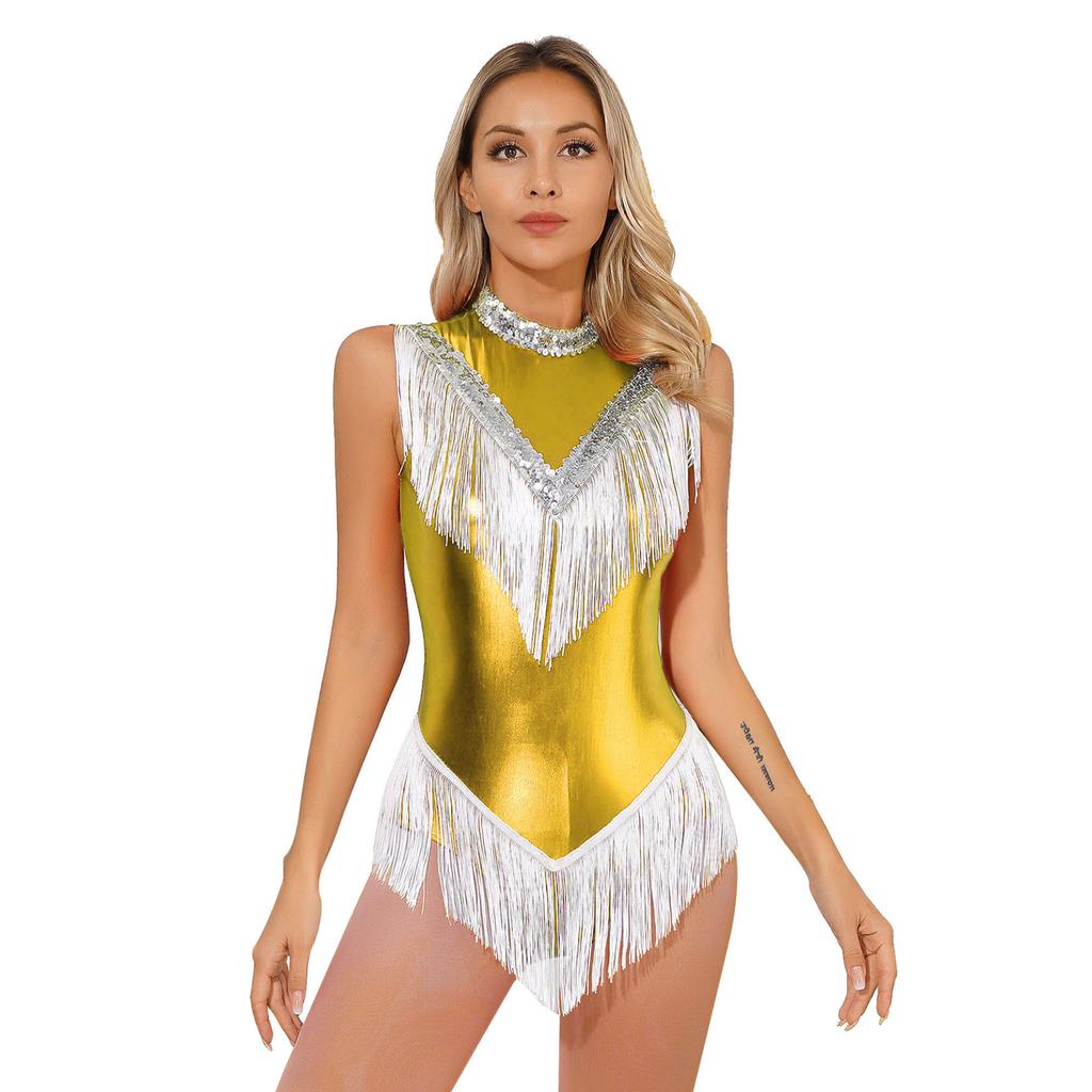 Womens Metallic Sleeveless Fringed Bodysuit Shiny Sequins Mock Neck Tassel Leotard for Latin Dance Performance