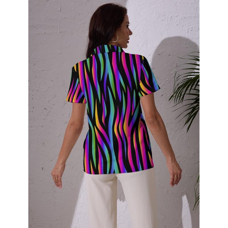 New Women'S Fashion Casual Hip-Hop Short-Sleeve Shirt with Colorful Striped Pattern for Christmas