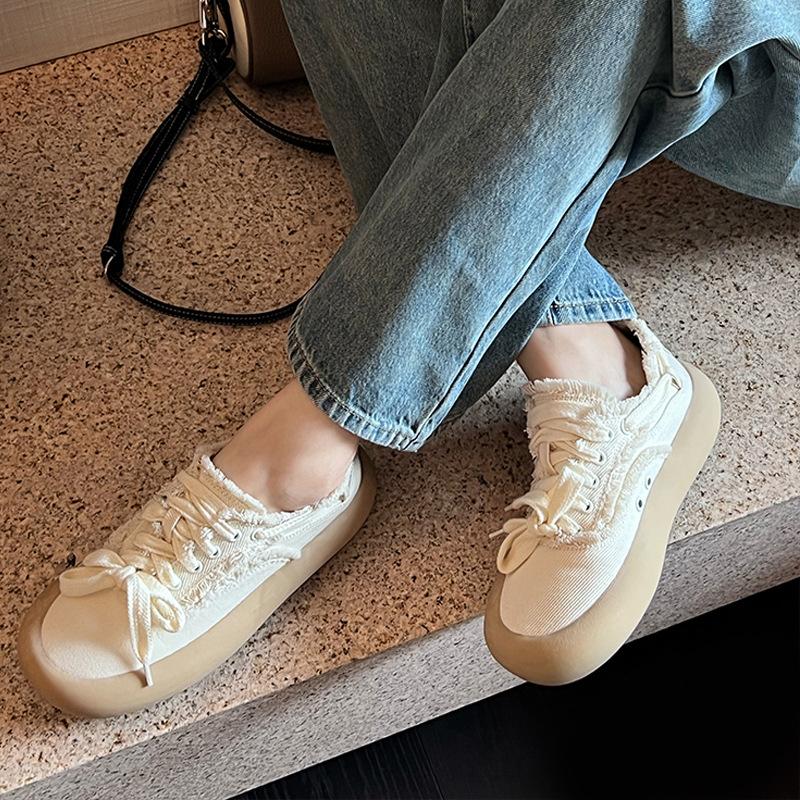 

Thick-soled Muffin Small White Shoes Small Crowd Round Toe Raw Edge Casual Bread Shoes Retro Lace-up Slip-on Half-support Single Shoes