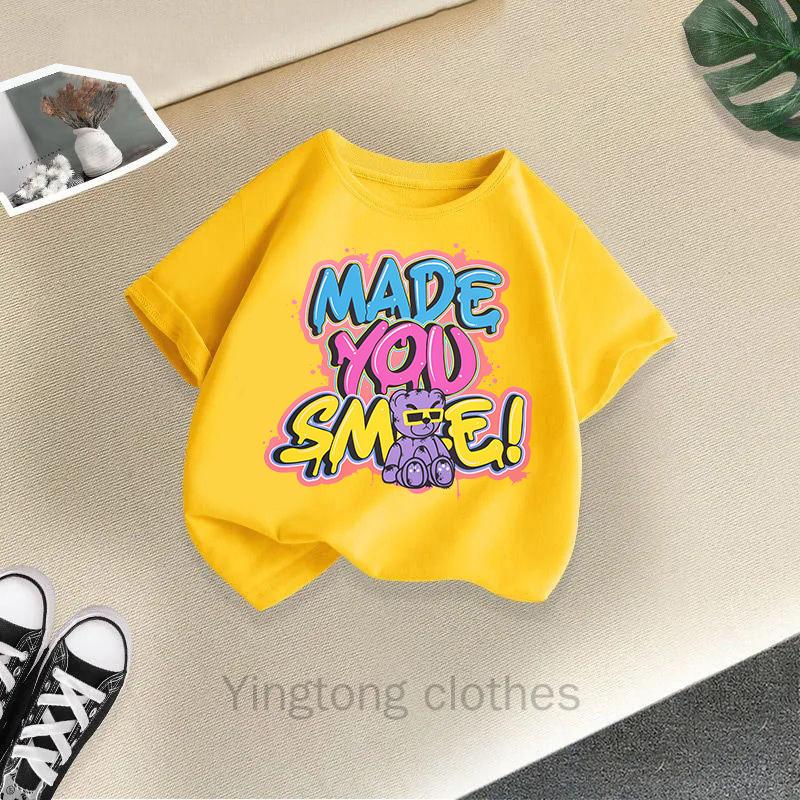 Summer Clothes for Boys and Girls, Short Sleeved T-shirts, Summer New Styles, Teddy Bear Printed Girls' Tops, Children's Clothing Trend