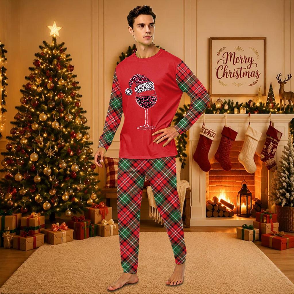 Christmas-print long-sleeve and long-pant matching family loungewear set